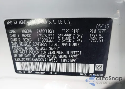 2016 Honda Hr-V Ex z USA, uszkodzony, nr VIN 3CZRU6H5XGM710538